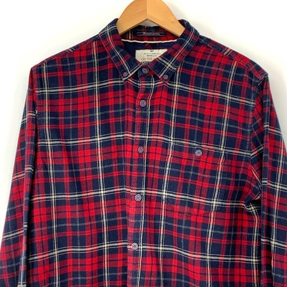 Mens On The Road Flannel Button Shirt  XL Slim Fit Plaid Red 3917 Cotton - Picture 3 of 6